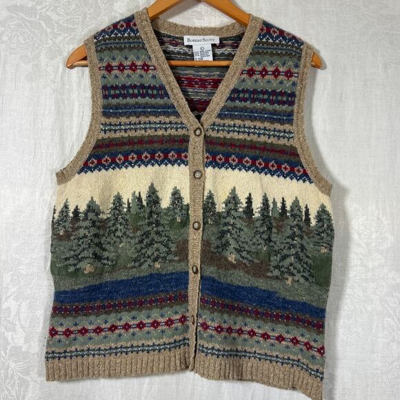 VTG Sweater Vest Large Wool Silk Striped Neutral Christmas Trees Robert Scott - Picture 1 of 7